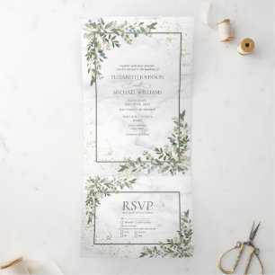 Invitación Tríptica Elegante Eucalyptus Greenery Gold Marble Photo