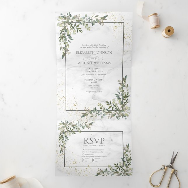 Invitación Tríptica Elegante Eucalyptus Greenery Gold Marble Photo (Interior)