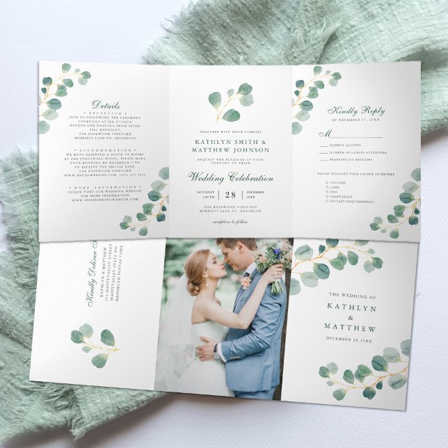 Invitación Tríptica Elegante Eucalyptus Greenery Watercolor Boda (Subido por el creador)