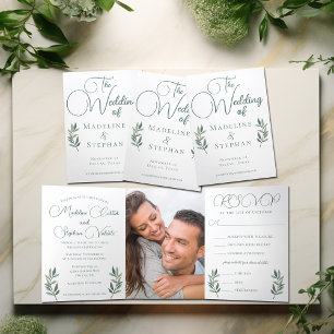Invitación Tríptica Elegante Eucalyptus Leaf Foto Moderna Boda Caída