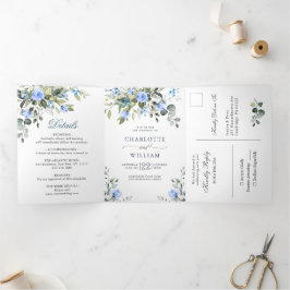 Invitación Tríptica Elegante Eucalyptus Rosas Azules Boda de Verdor