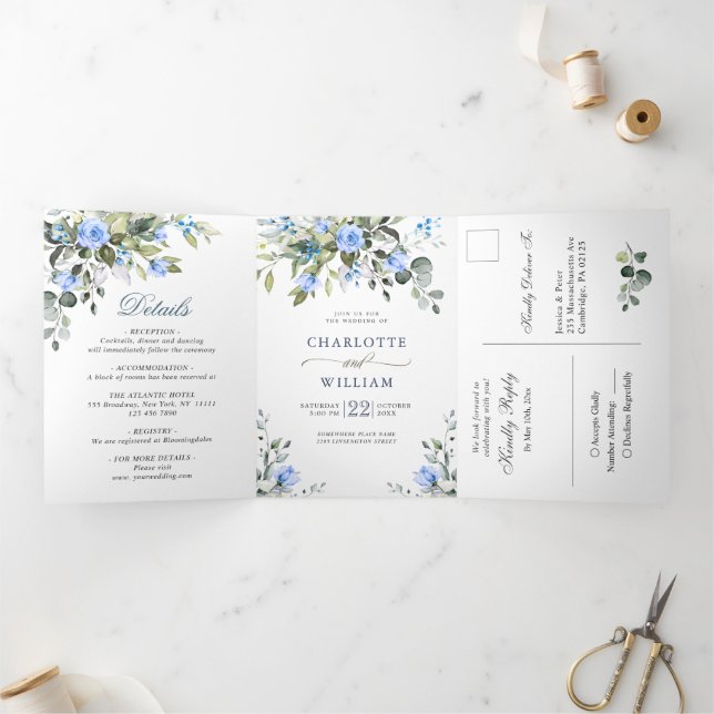 Invitación Tríptica Elegante Eucalyptus Rosas Azules Boda de Verdor (Interior)