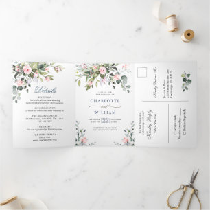 Invitación Tríptica Elegante Eucalyptus Rubor Rosa Boda Tri-F