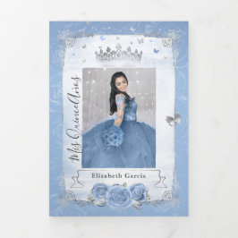 Invitación Tríptica Elegante foto bebé español Plata Azul Quinceanera