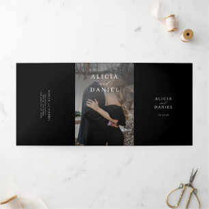 Invitación Tríptica Elegante foto boda negra RSVP detalles código QR
