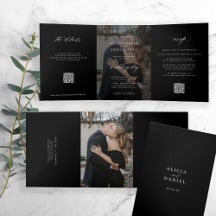 Elegante foto boda negra RSVP detalles código QR