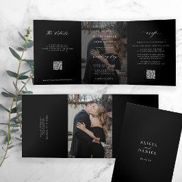 Invitación Tríptica Elegante foto boda negra RSVP detalles código QR