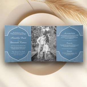 Invitación Tríptica Elegante Foto de Boda con Arco Étnico Indio Azul