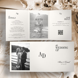 Invitación Tríptica Elegante foto de boda en marfil negro RSVP todo en