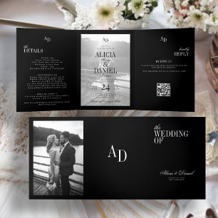 Invitación Tríptica Elegante foto de boda negra RSVP QR todo en uno