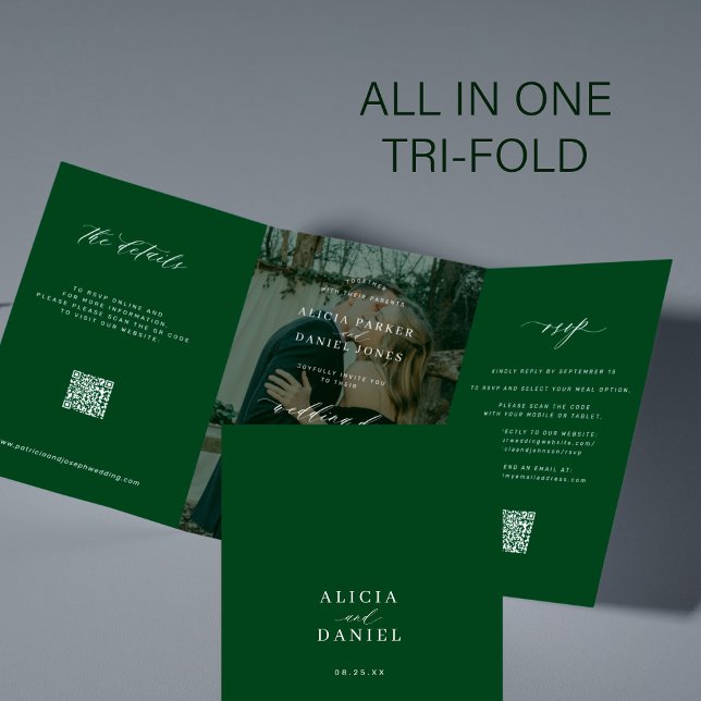 Invitación Tríptica Elegante foto de boda verde detalles RSVP código Q (Subido por el creador)