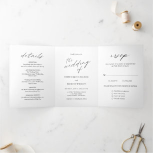 Invitación Tríptica Elegante foto de caligrafía para boda moderna