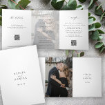 Invitación Tríptica Elegante foto moderna boda RSVP detalles código QR<br><div class="desc">Moderna y sencilla tipografía minimalista de moda en blanco y negro todo en una plantilla de invitación a bodas de presupuesto con 2 fotos, rsvp y detalles con escaneo de códigos QR con un guión de caligrafía de moda de moda y superposición de luz. Fácil de personalizar con una o...</div>