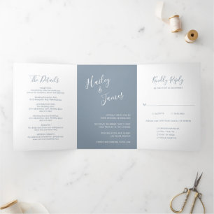Invitación Tríptica Elegante foto moderna simple Boda azul turbio