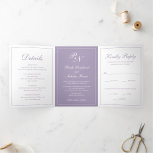 Invitación Tríptica Elegante foto Monograma Dusty Purple Boda formal