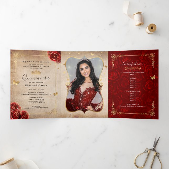 Invitación Tríptica Elegante foto Rosa Roja Española Quinceanera de Or (Interior)