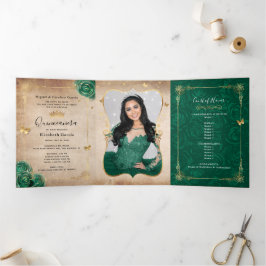 Invitación Tríptica Elegante foto Rosa verde español Quinceanera
