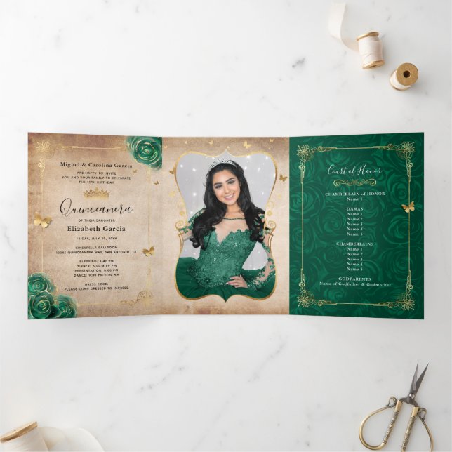 Invitación Tríptica Elegante foto Rosa verde español Quinceanera (Interior)