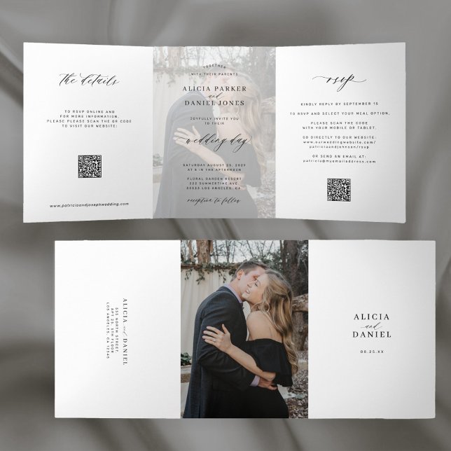 Invitación Tríptica Elegante foto simple boda RSVP detalles código QR (Subido por el creador)