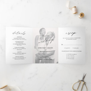 Invitación Tríptica Elegante fotografía de caligrafía boda moderna