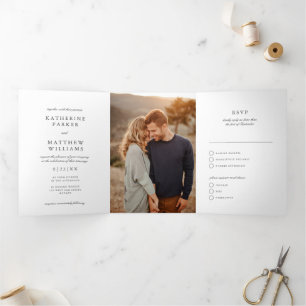 Invitación Tríptica Elegante Gem Blanco Clásico Boda todo en uno