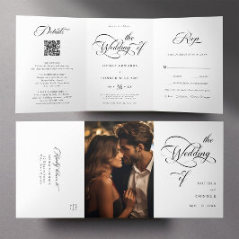 Invitación Tríptica Elegante guión de estilo de Boda negro y blanco