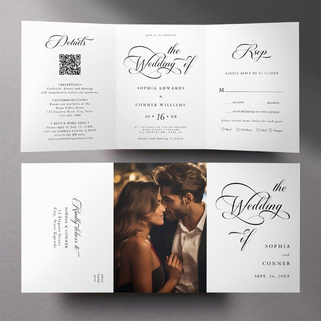 Invitación Tríptica Elegante guión de estilo de Boda negro y blanco (Inside & Outside)