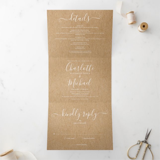 Invitación Tríptica Elegante guion rústico kraft foto boda (Interior)