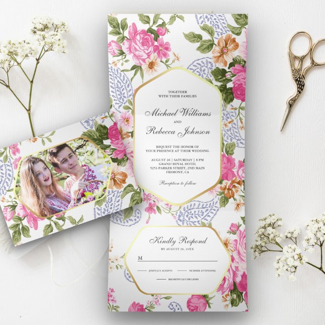 Invitación Tríptica Elegante Jardín Botánico de Rosas Rosa 3 en 1 Boda (Subido por el creador)