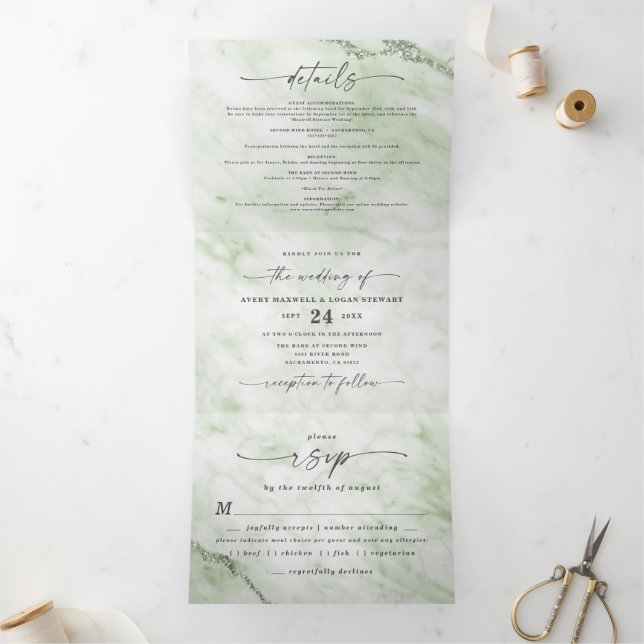 Invitación Tríptica Elegante Juniper Sage Green Metallic Marble Boda (Interior)