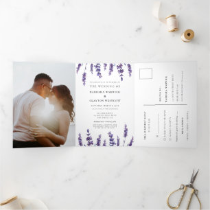 Invitación Tríptica Elegante lavanda floral Todo en un boda