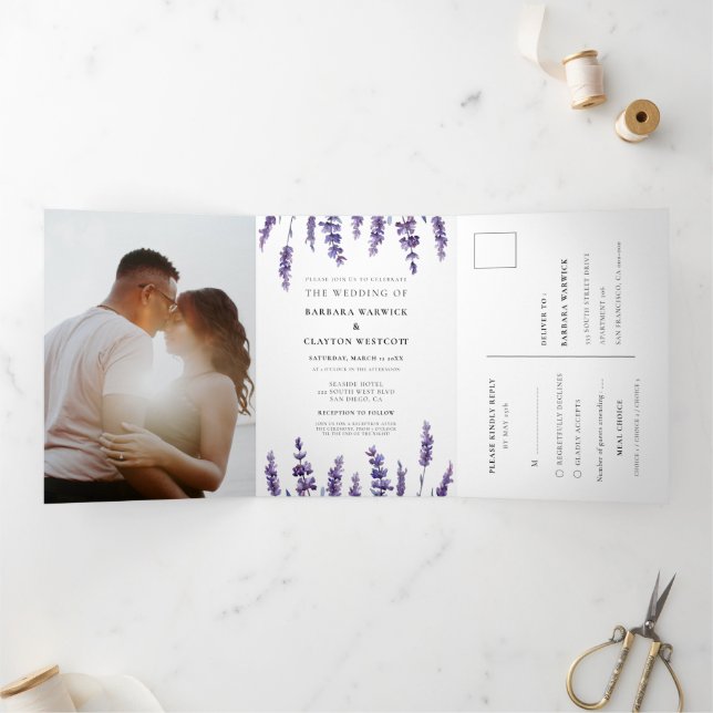 Invitación Tríptica Elegante lavanda floral Todo en un boda (Interior)