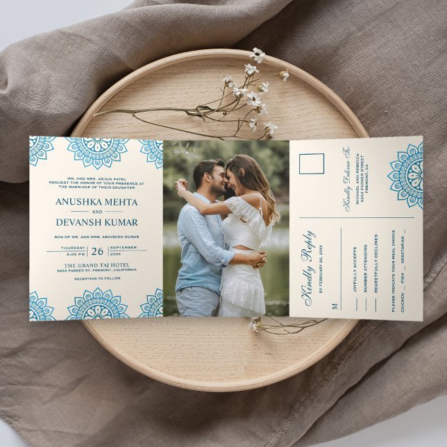 Invitación Tríptica Elegante Mandala Azul Boda Tradicional India (Subido por el creador)