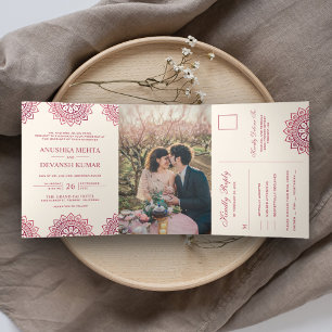 Invitación Tríptica Elegante Mandala Rosa Boda Tradicional India