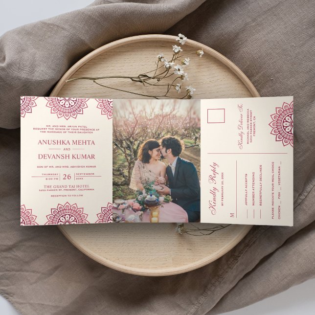 Invitación Tríptica Elegante Mandala Rosa Boda Tradicional India (Subido por el creador)