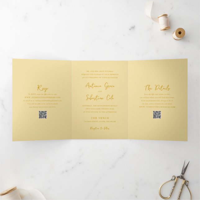 Invitación Tríptica Elegante Mantequilla Amarillo Código QR Boda moder (Interior)