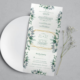 Invitación Tríptica Elegante marco geométrico verde Boda fotográfico