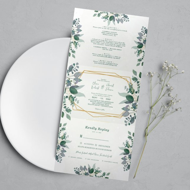 Invitación Tríptica Elegante marco geométrico verde | Boda fotográfico (Subido por el creador)