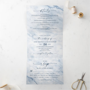 Invitación Tríptica Elegante marina y mármol azul claro con Boda de Re
