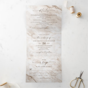 Invitación Tríptica Elegante Mármol Beige Blanco con Hojas de Boda T