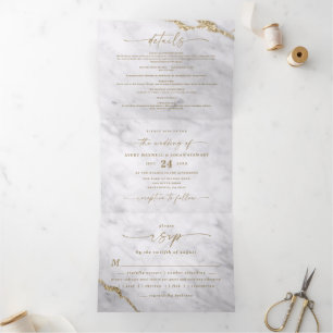 Invitación Tríptica Elegante Mármol gris y blanco con Boda de Relieve