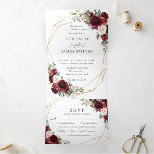 Invitación Tríptica Elegante matrimonio floral rosa Rubor en Borgoña R