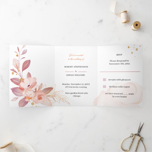 Invitación Tríptica Elegante matrimonio personalizado de flor Naranja (Interior)