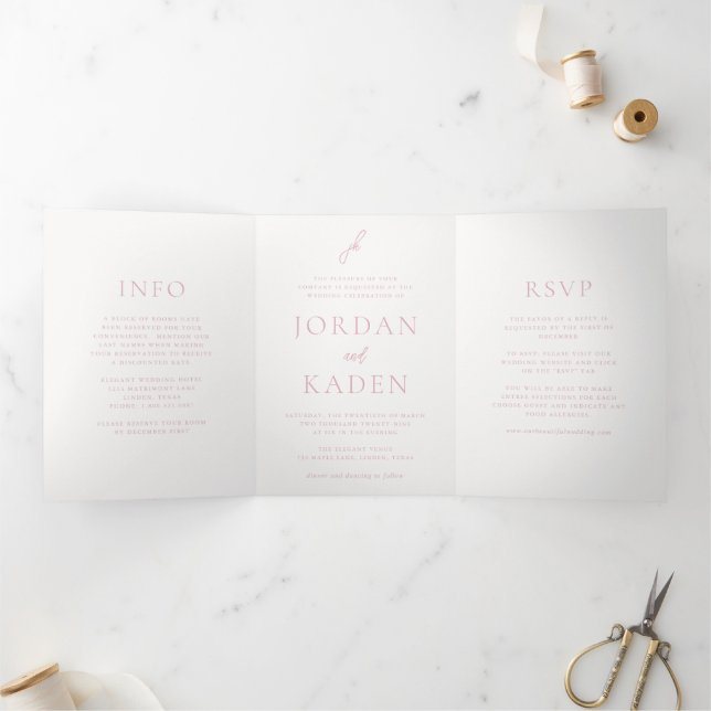 Invitación Tríptica Elegante Monograma de Bodas en Letra Script Rosa (Interior)