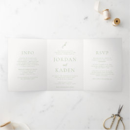 Invitación Tríptica Elegante Monograma de Letra Script en Verde Salvia