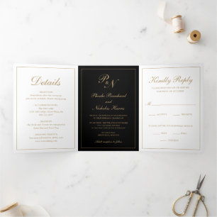 Invitación Tríptica Elegante Monograma Foto Boda formal de oro negro
