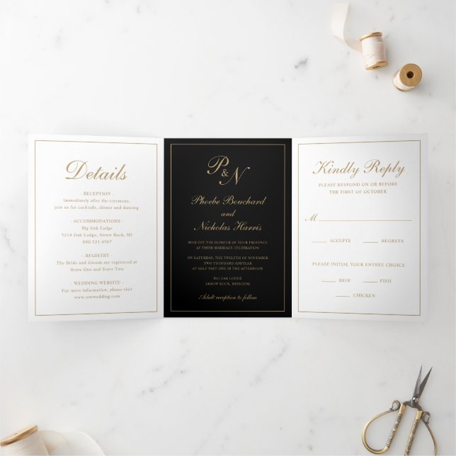 Invitación Tríptica Elegante Monograma Foto Boda formal de oro negro (Interior)