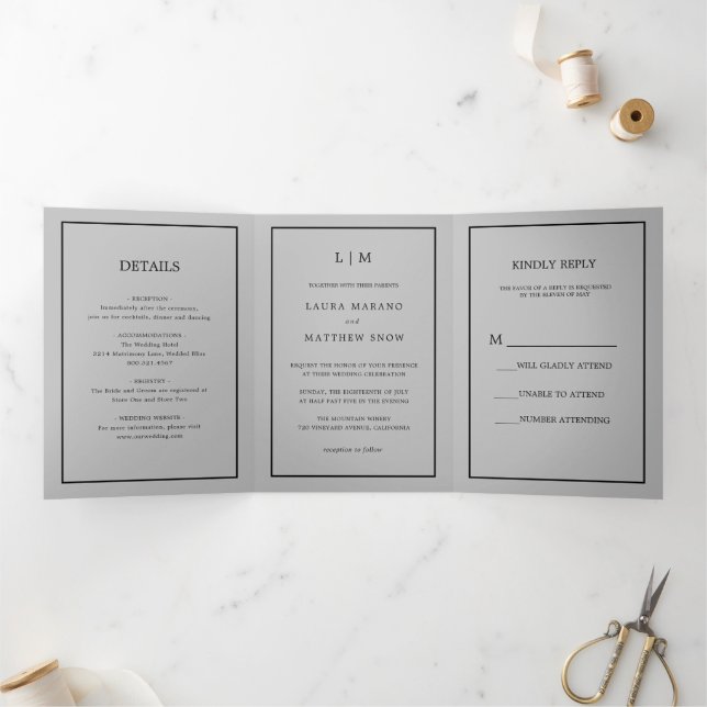 Invitación Tríptica Elegante Monograma Gris Moderno Boda simple (Interior)