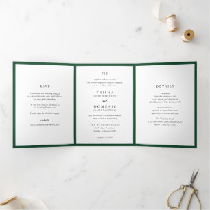 Invitación Tríptica Elegante Monograma Verde Esmeralda Boda Moderna