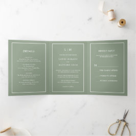 Invitación Tríptica Elegante Monograma Verde Sage Moderno Boda simple